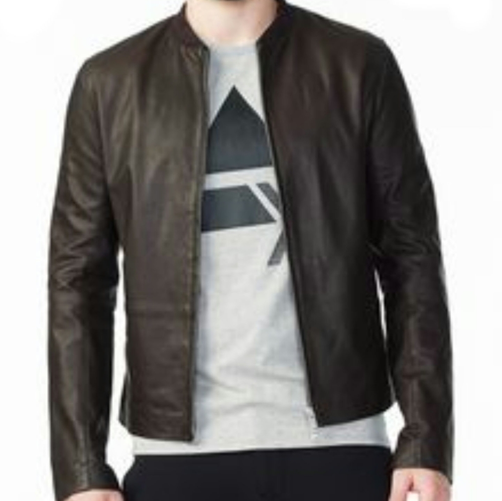 Armani Exchange Brown Leather Moto Jacket